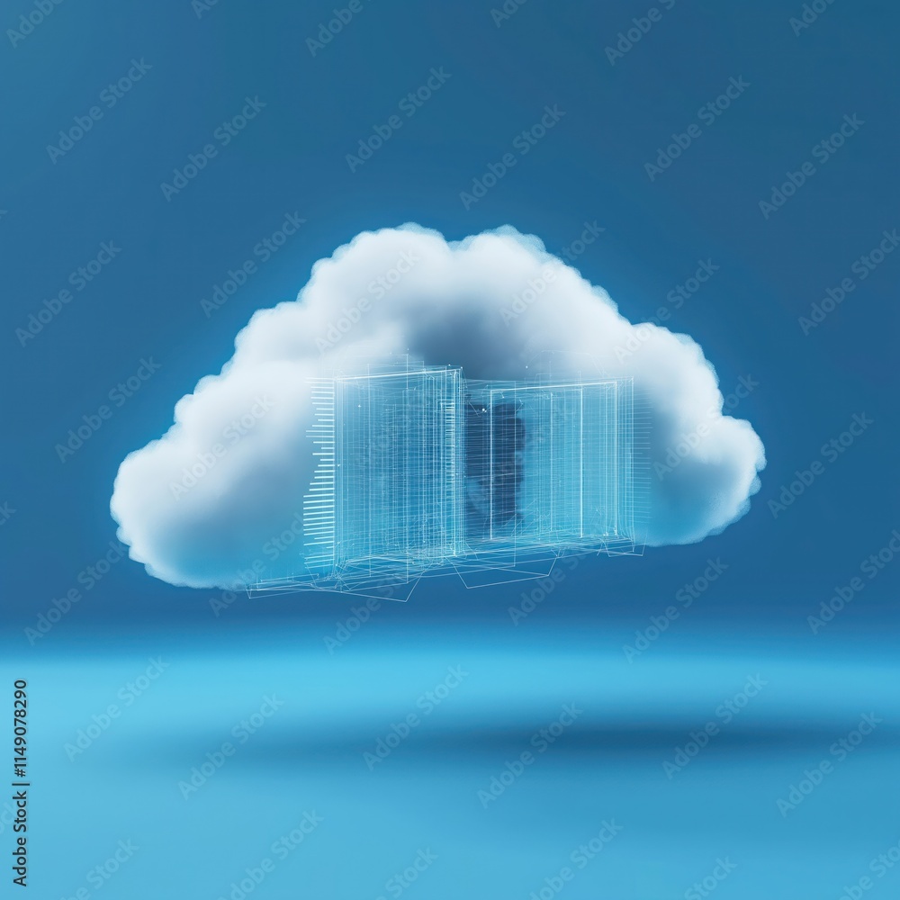Poster futuristic cloud computing tech concept. virtual data center inside white fluffy cloud. abstract ill
