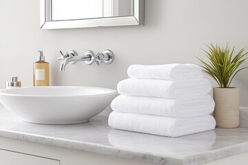 Fototapeta premium Luxurious hotel bathroom with marble countertop, folded towels, and neatly arranged toiletries.