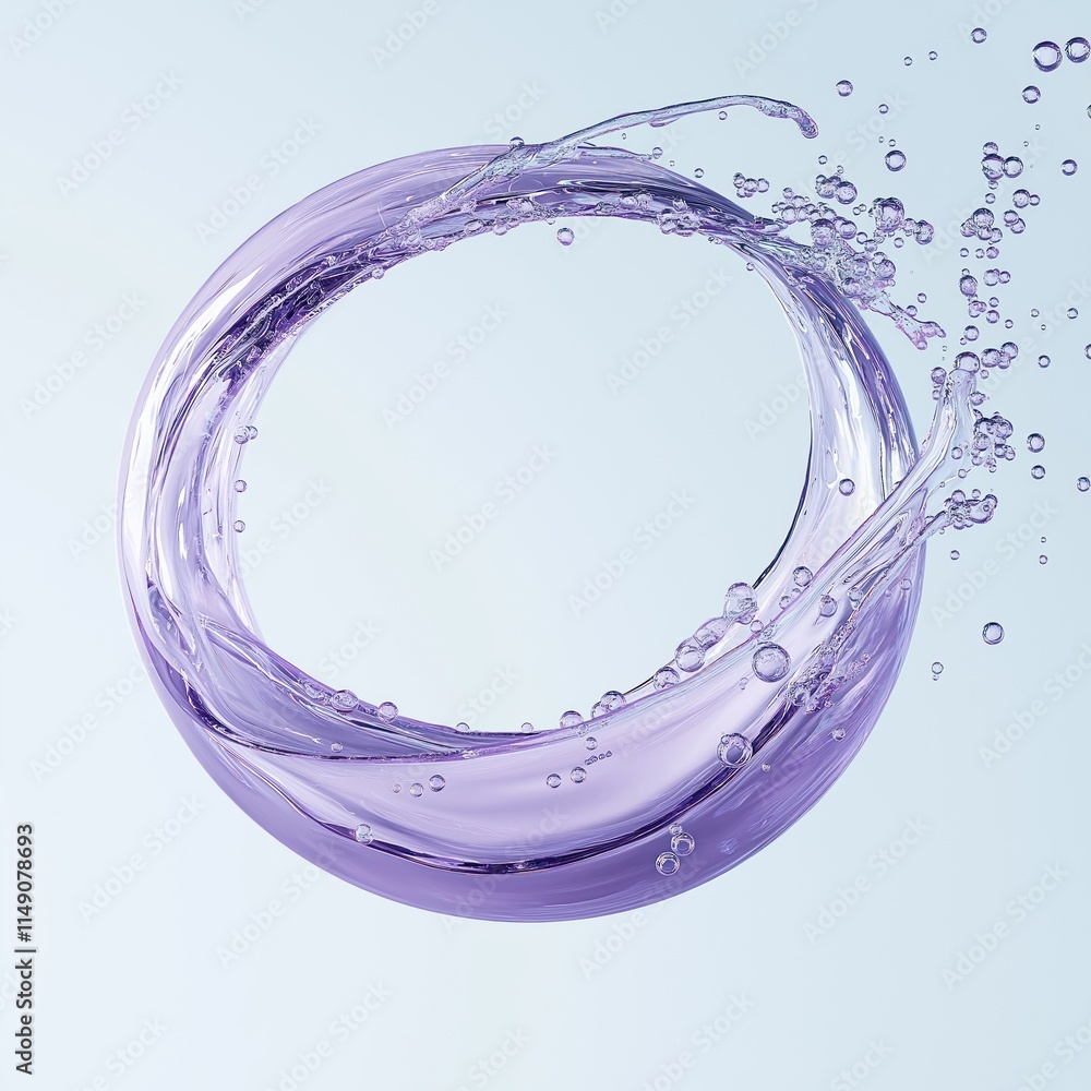 Poster abstract purple liquid sphere with dynamic motion, bubbles. fluid pattern shows flow, ripple effect.