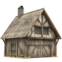 Naklejka premium rustic barn-style house with wooden beams isolated on white background
