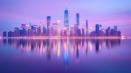 Obraz premium City Skyline Reflected In Calm Water At Dusk