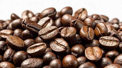 Naklejka premium A captivating image of meticulously stacked coffee beans, forming a mesmerizing pyramid or other intricate patterns. The rich, dark brown hues of the beans create a visually stunning display, highligh