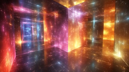 Luminous Neon Cubes Illuminate A Sparkling Cosmic Corridor