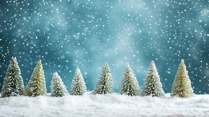 Snow and tiny Christmas trees on a blue backdrop 