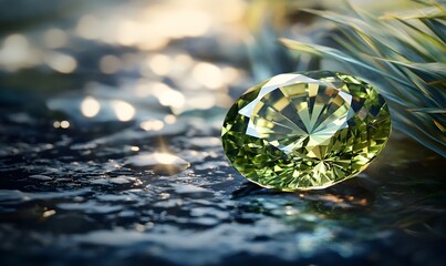 Fototapeta premium Faceted yellow-green gem on rough surface with plant.