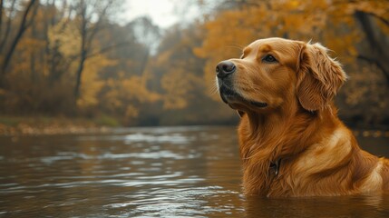 A golden retriever standing in a serene river surrounded by autumn foliage.