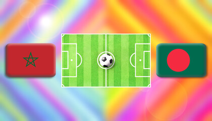 Morocco and Tunisia flag on soccer field with ball.Football match concept against multicolored abstract background.Copy space for text.	