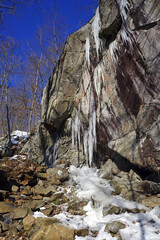 Large icicles on a cliff face in mid-winter