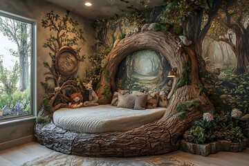 A fantasy forest-themed kids' room with a bed shaped like a tree, whimsical animal decor, and a wall mural a forest. The space is filled with earthy greens and browns.