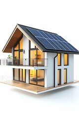 modern duplex with solar panels on the roof isolated on white background