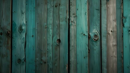Naklejka premium Vintage beach wood background - Old weathered wooden plank painted in turquoise or blue sea color. Generative AI