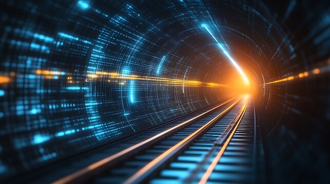Digital Data Tunnel Railway Leading to Light