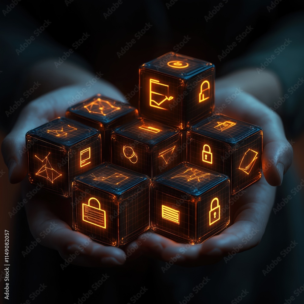 Poster hands hold secure data storage tech cubes. digital security systems in image. network protection, sa