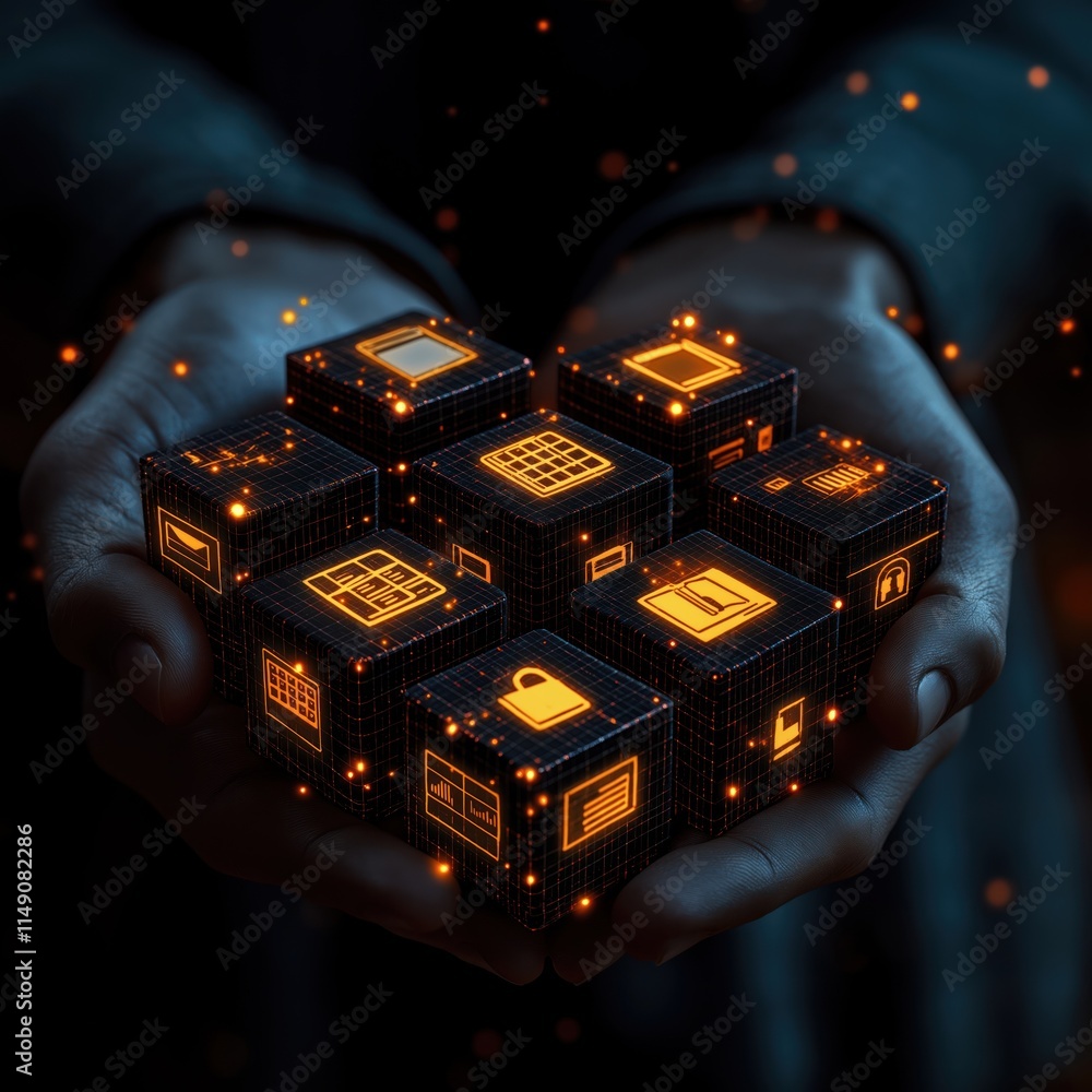 Poster hands hold glowing digital cubes representing secure data storage. tech icons like encryption lock, 