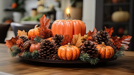 With pumpkins, pinecones, leaves, and a flickering candle, a warm and inviting autumn centerpiece adorns a wooden table. -