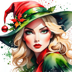 Christmas Witch Watercolor Painting