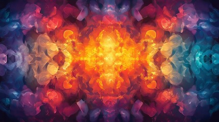 Fototapeta premium A vibrant, kaleidoscope effect with repeating shapes and bright, contrasting colors.