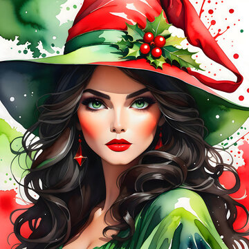 Christmas Witch Watercolor Painting