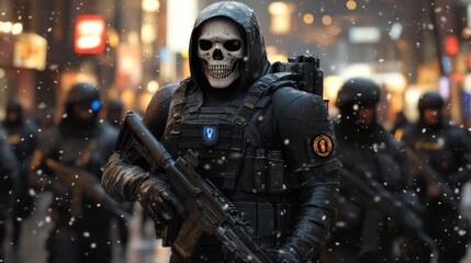 Ghost Squad in Urban Winter Warfare: A soldier wearing a skull mask leads a tactical team through a snowy city street, showcasing themes of stealth, combat, and urban operations.