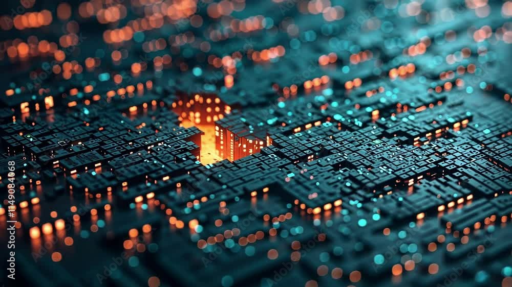 Poster Big data growing from futuristic glowing microchip circuit board with selective focus and bokeh effect, representing technological advancement and information processing