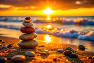 Coastal serenity: Bokeh-blurred beach stones, stacked in zen-like balance, evoke tranquil seascape.