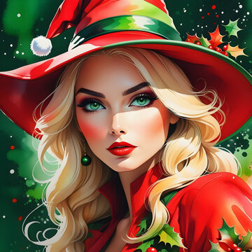 Christmas Witch Watercolor Painting