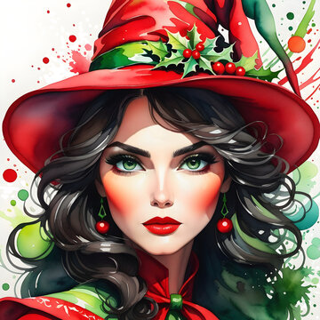 Christmas Witch Watercolor Painting