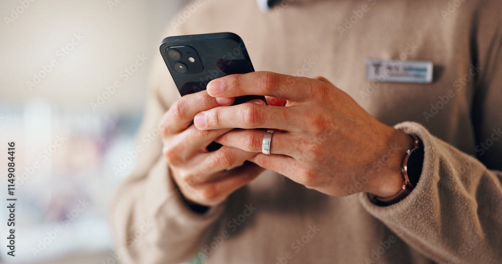 Poster break, hands and businessman in office with smartphone for texting on social media, network and webs