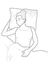 Vector illustration of a woman sleep with pillow and blanket. An outline, single line art of a beautiful lady rest, wearing tank top, isolated on white background.