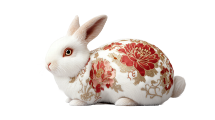 Beautiful rabbit with floral patterns resting on a flat surface in a creative artistic style