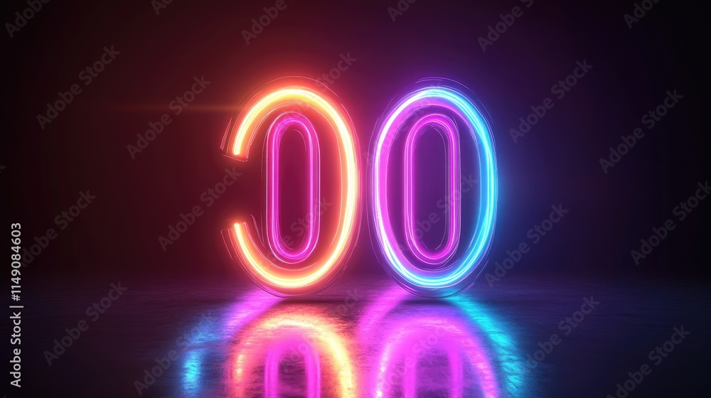 Poster neon number zero light display on dark background for design use