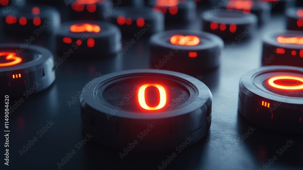 Poster futuristic glowing buttons with illuminated letters on dark surface