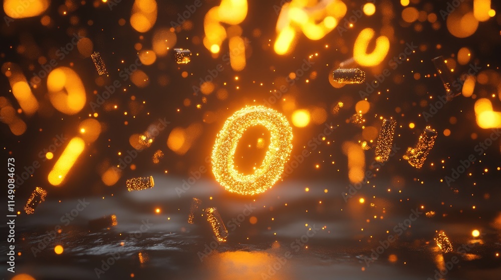 Poster glowing orange letters floating in dark space with sparkles