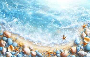 Summer sale banner, realistic seashells, stones and starfish, vector seaside top view