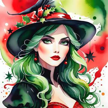 Christmas Witch Watercolor Painting