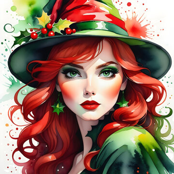 Christmas Witch Watercolor Painting