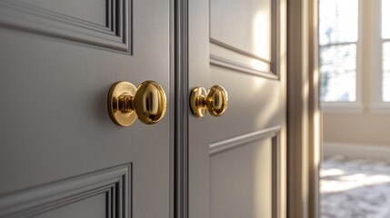 Fototapeta premium Close-up of elegant gray double doors with gold knobs.