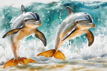 The dancing dolphins in the watercolor painting seemed to leap right off the page. Generative AI , isolated on white background,  , copy space, copy space for text,