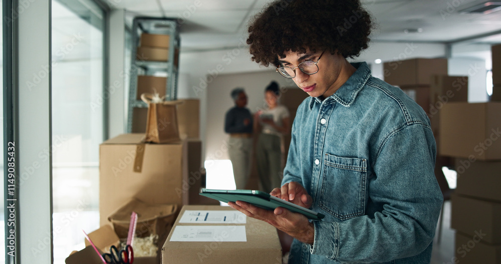 Poster man, tablet and typing in business for logistics, order process and package checklist in office. ent