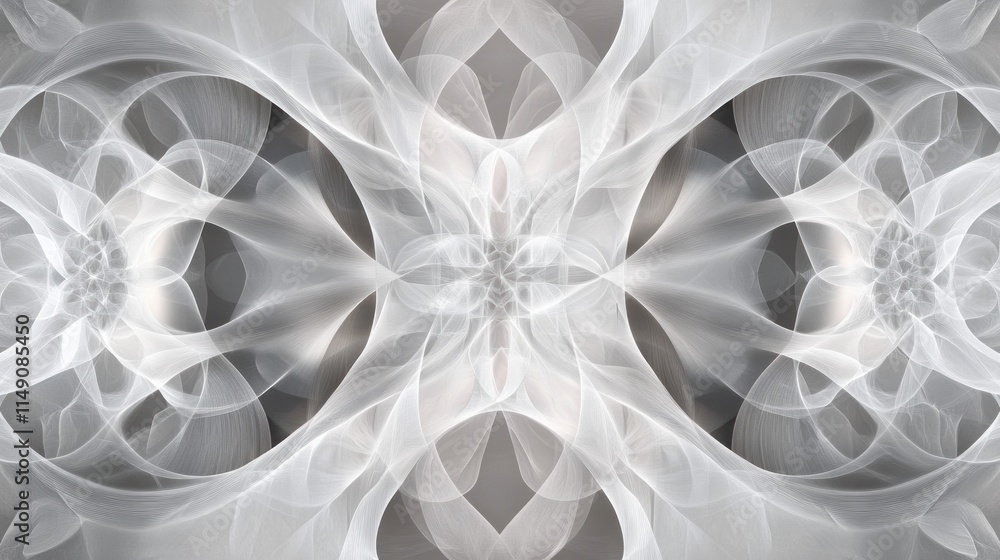 Poster abstract grayscale fractal art with symmetrical swirling patterns.