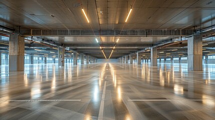 Obraz premium Empty, Modern Concrete Parking Garage with Linear Lighting