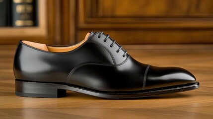 Elegant Black Leather Shoe on Wooden Surface for Fashion Display