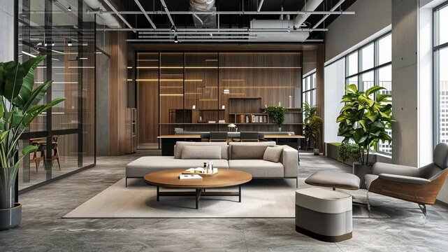 Natural light flooding sleek office interior, highlighting minimalist lounge area with contemporary furniture, lush greenery, and expansive city skyline view through large windows