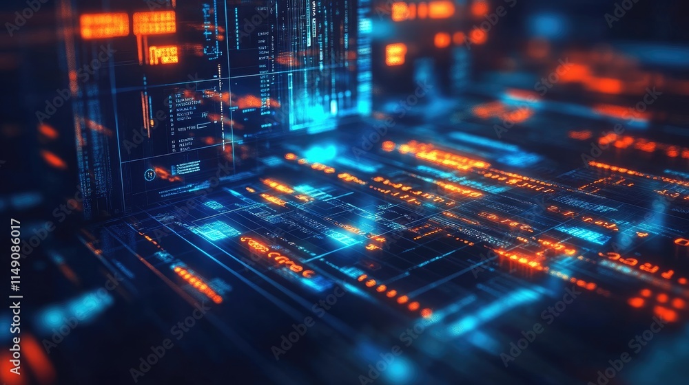 Poster futuristic digital interface with glowing data and technology elements