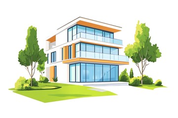 modern two-story house with floor-to-ceiling glass windows isolated on white background