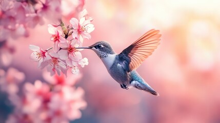 Hummingbird Hovering Near Cherry Blossoms in Soft Pink Bloom