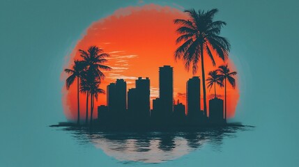 Silhouette city skyline, palm trees, sunset reflection.