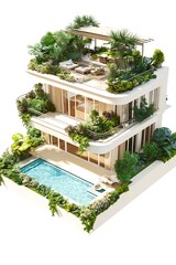 Fototapeta premium luxury penthouse with rooftop garden and pool isolated on white background