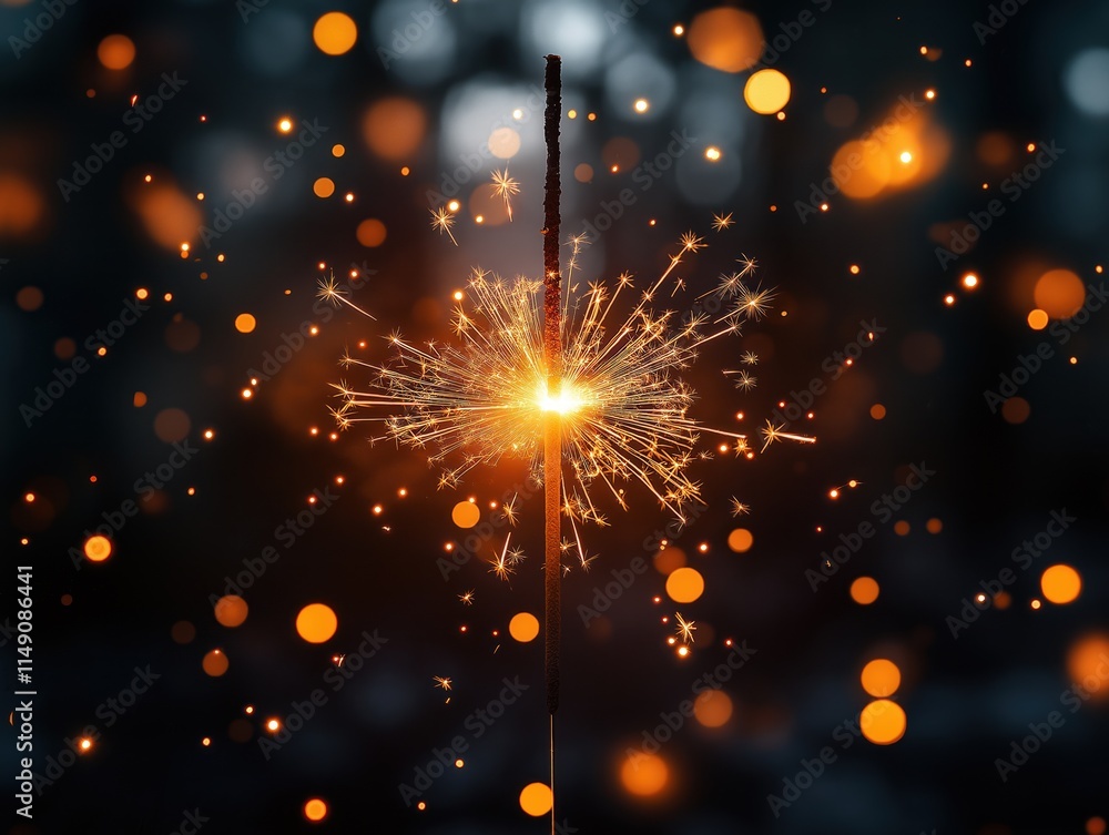 Poster sparkler glows brightly. festive lights create bokeh effect. dark background with warm golden light.