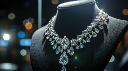 Elegant Diamond Necklace Displayed on Black Bust Form in Spotlight